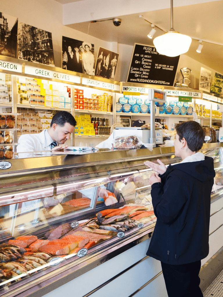 Fresh seafood selection at QuestForDirections specialty store, featuring salmon, fish, and imported russ options.