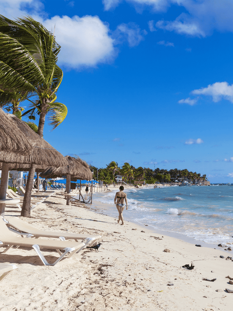 Aerial view of tropical beach with clear blue sky, palm trees, and relaxing lounge chairs perfect for vacation.