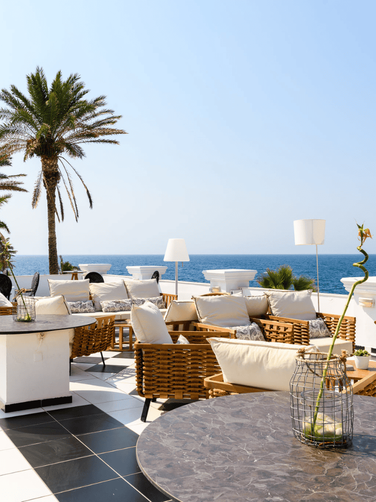 Relaxing oceanfront outdoor seating with palm trees, perfect for beachside dining or lounging.