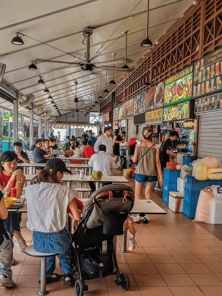 Busybust, bustling food court with diverse diners and vibrant signage.