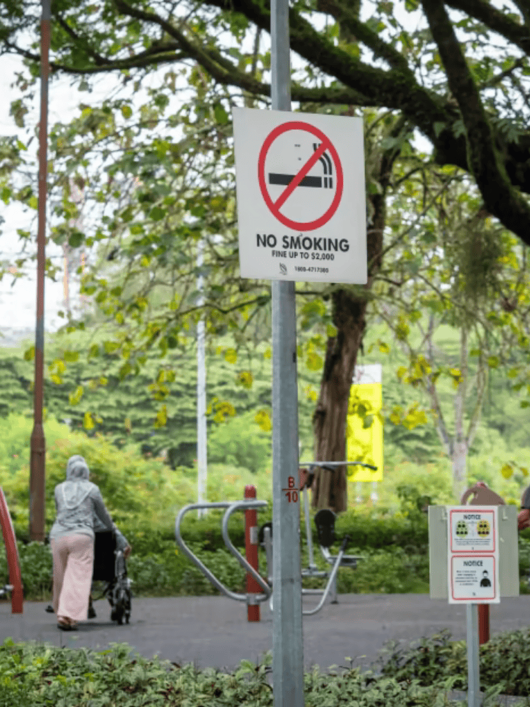 No smoking sign in park with greenery, fitness equipment, and a woman walking with a stroller.