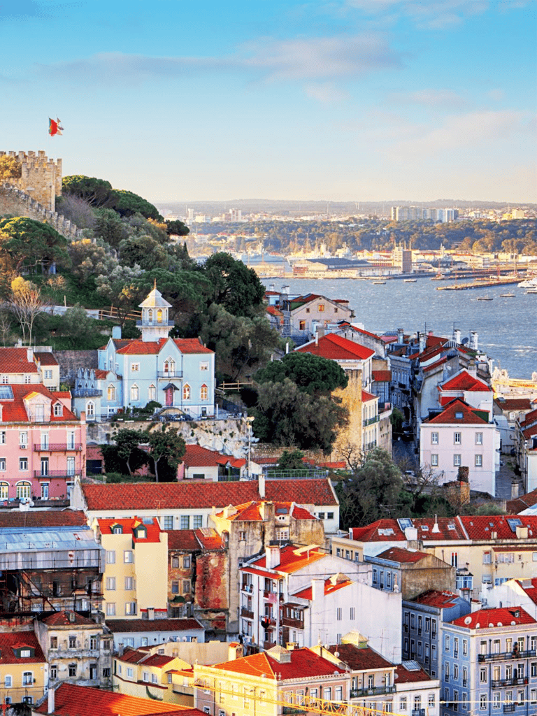 Colorful Lisbon cityscape with river view and historic buildings, Portugal travel destination, sightseeing, urban architecture, coastline.