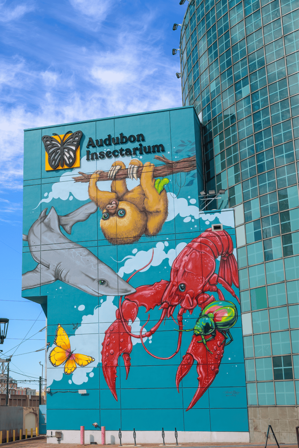 Colorful mural of aquatic animals and a butterfly at Audubon Insectarium, showcasing Louisiana's biodiversity and insect exhibits.