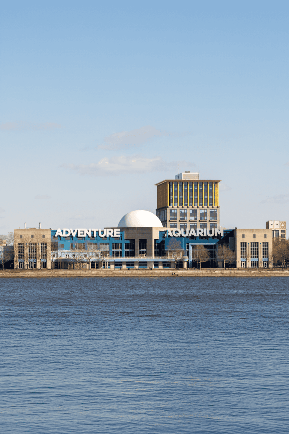 1. Adventure aquarium on the waterfront with iconic dome and modern building design.