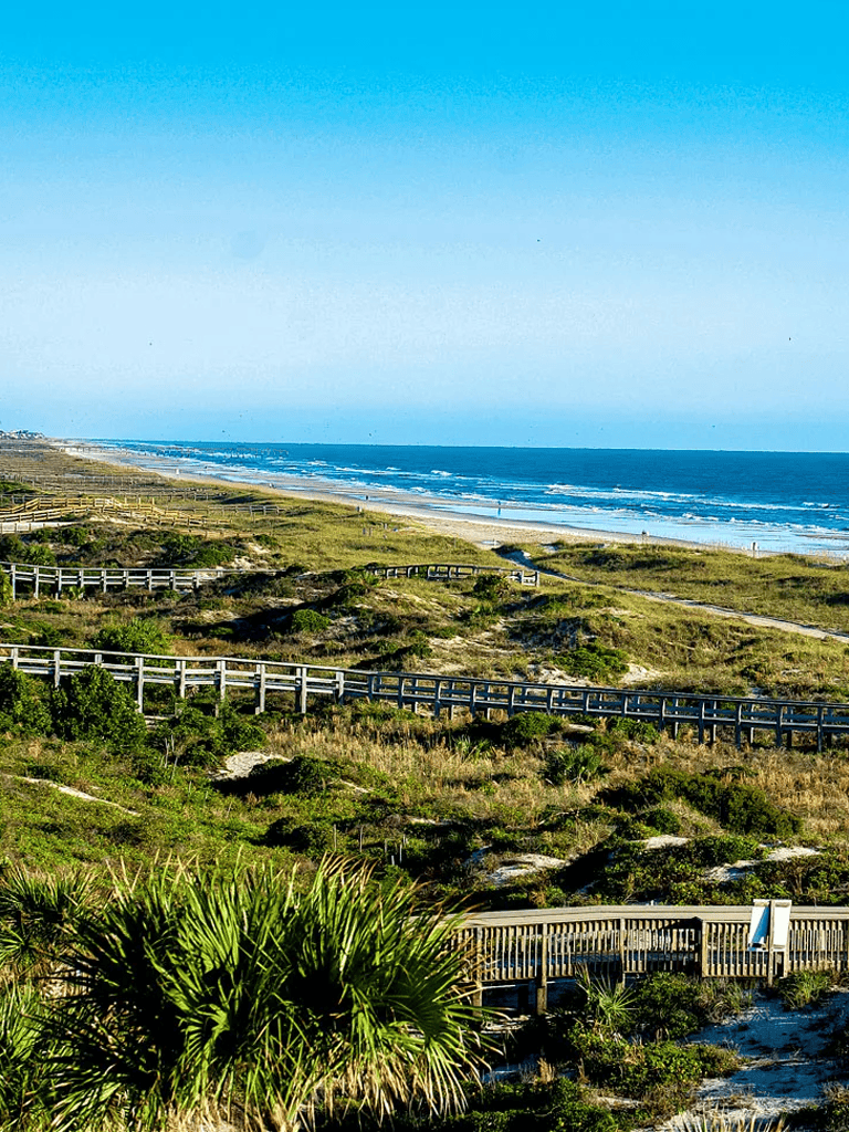 Stunning coastal landscape with wooden boardwalks, lush greenery, and sandy beach views at QuestForDirections.