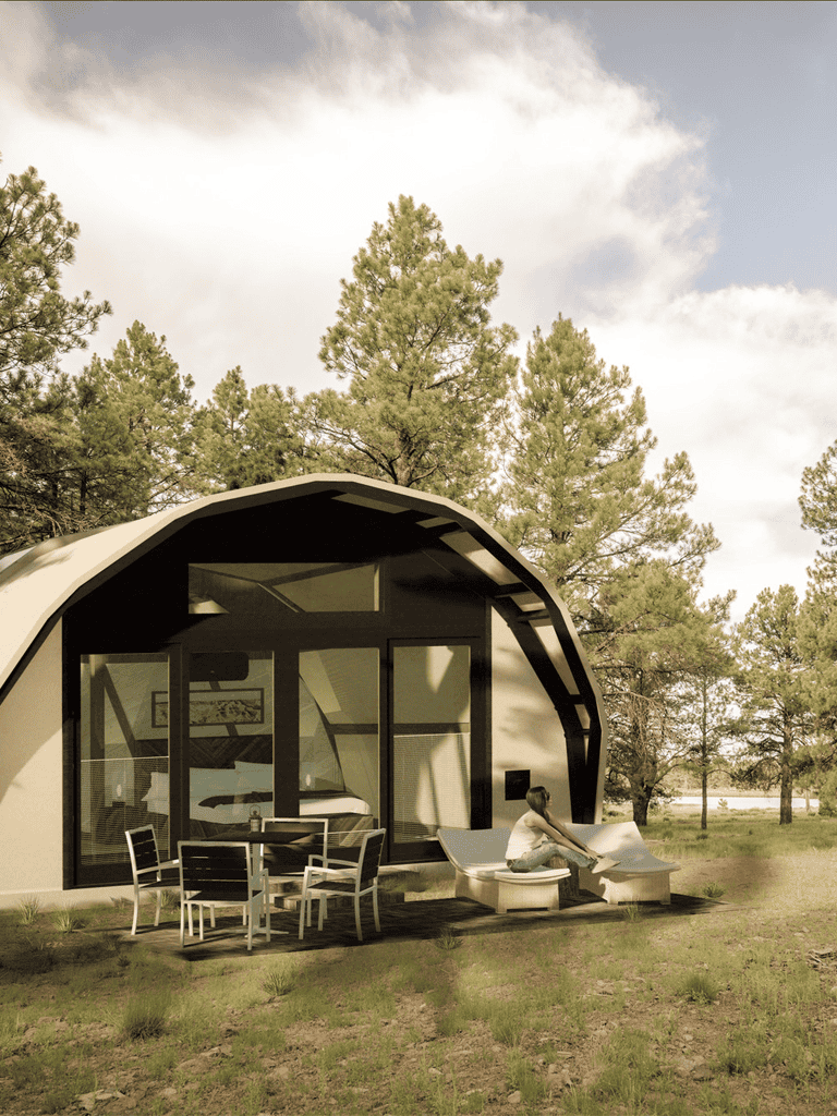 Modern eco-friendly geodesic tiny home in a natural forest setting.