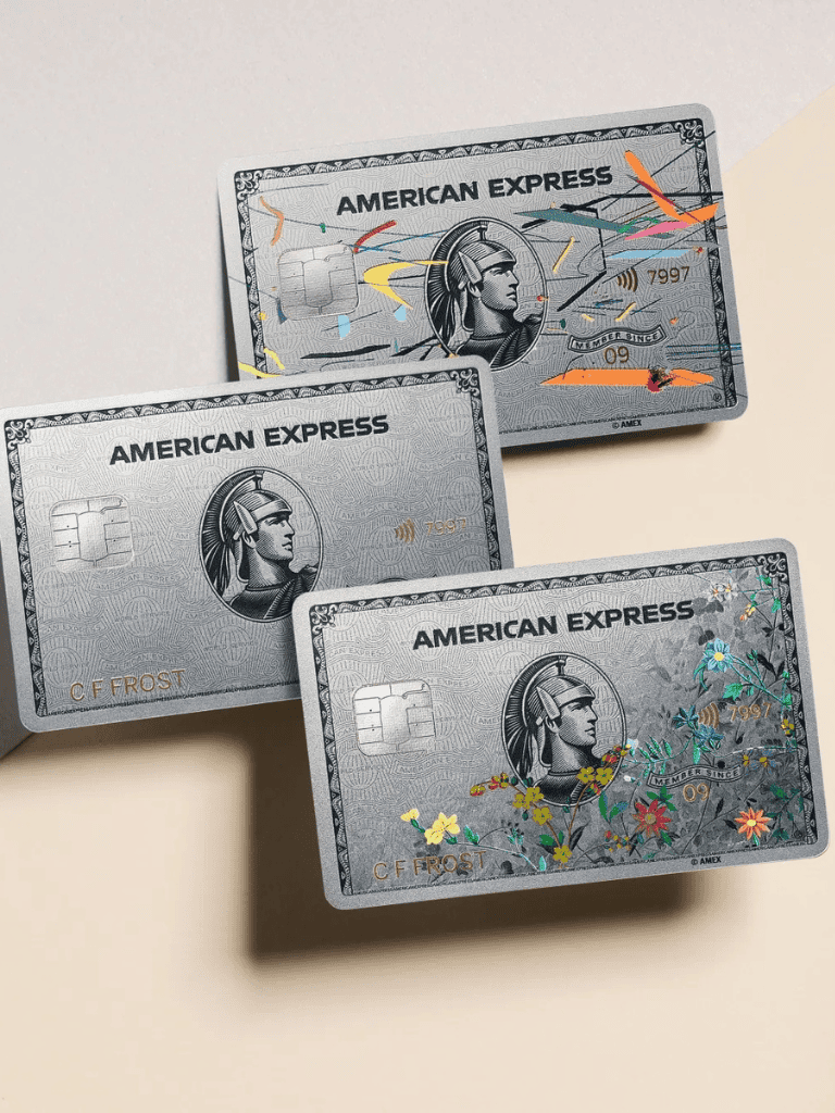 Colorful decorated American Express cards with floral and vivid designs.