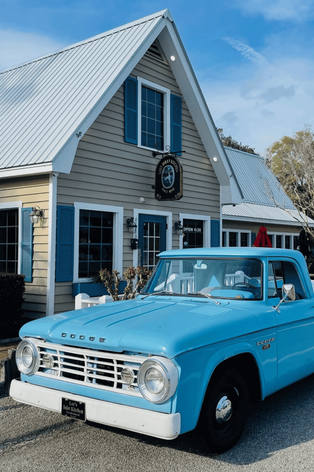 Dodge truck parked outside Lee's Inlet Kitchen, Coastal restaurant in Murrells Inlet, SC.