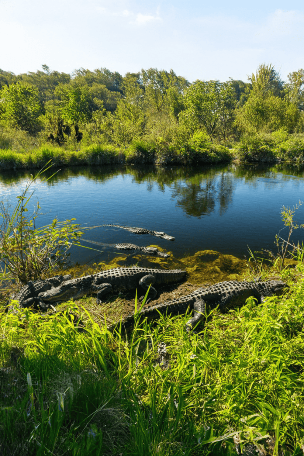 Alligator resting by a river bank in lush, green wilderness.