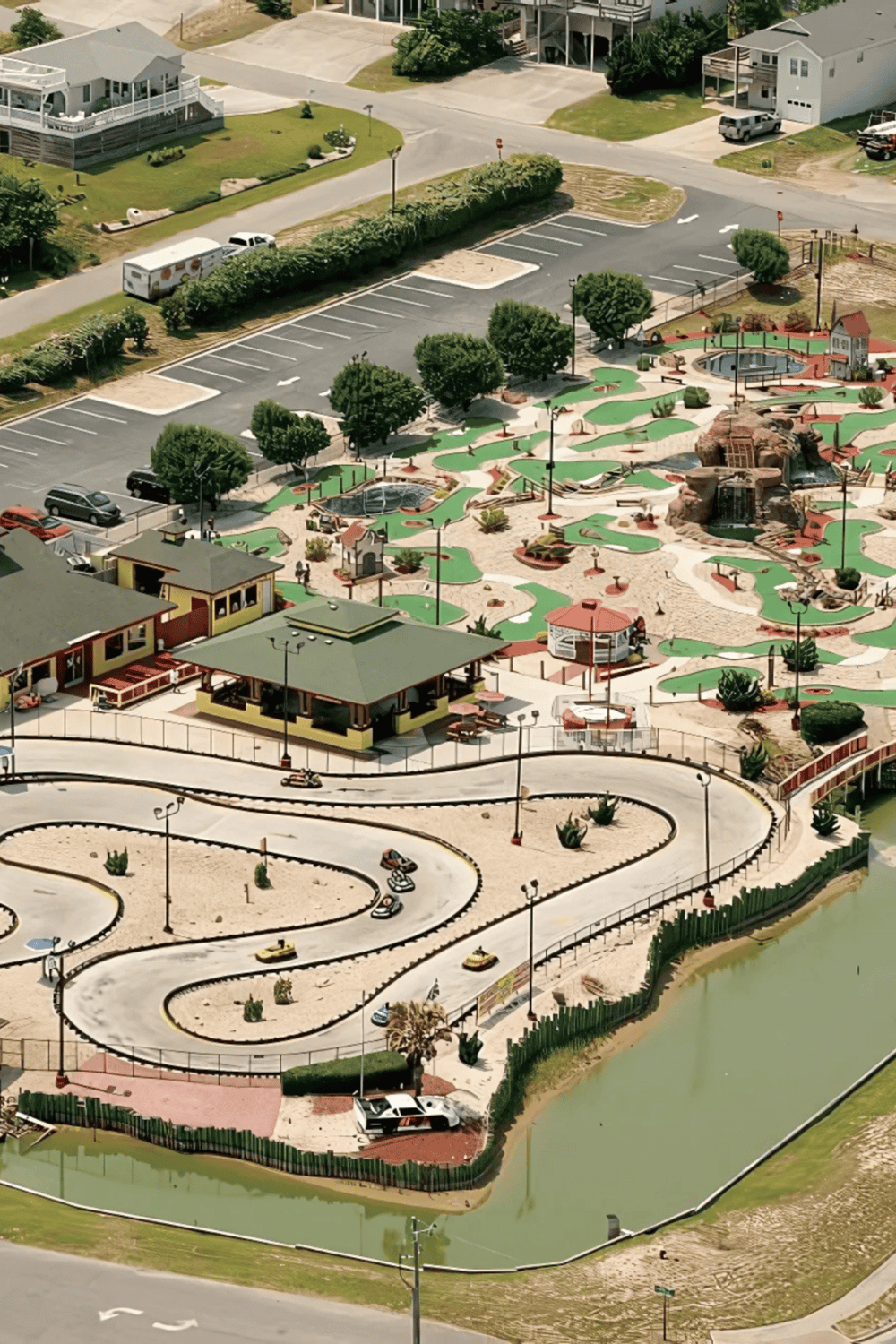 Miniature golf course with winding pathways and water features in a residential area, perfect for family entertainment.