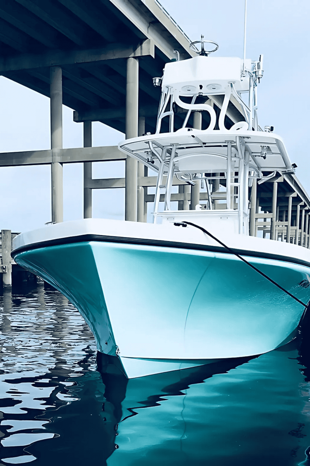Luxury fishing boat docked at marina under a bridge, ready for deep-sea adventure.