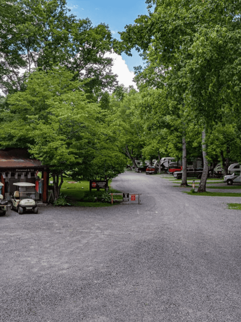 Gated entrance to RV park with trees, gravel road, and recreational vehicles in the background.