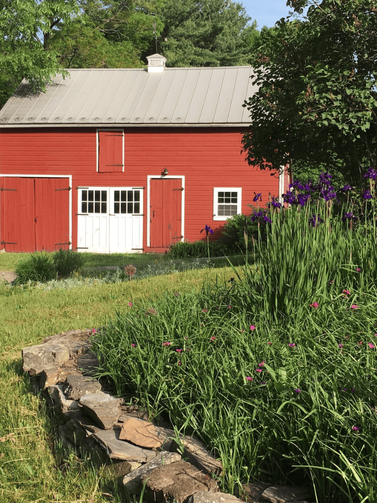 Rustic red barn with white accents and lush surrounding garden, perfect for rural countryside retreat.