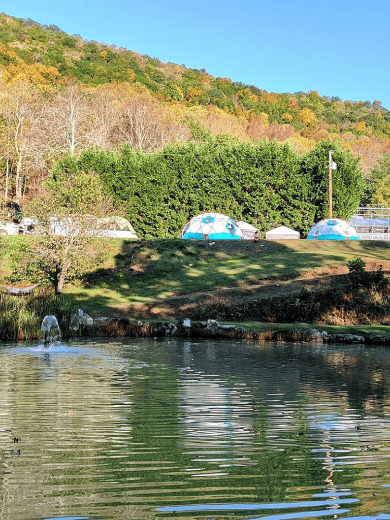 Sunny outdoor camping site near a lake in scenic mountain landscape.