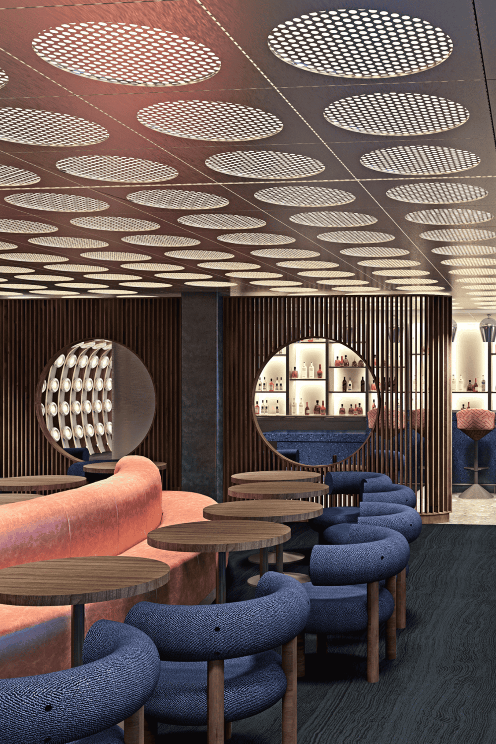 Modern bar interior with stylish seating and unique ceiling design for an inviting experience.