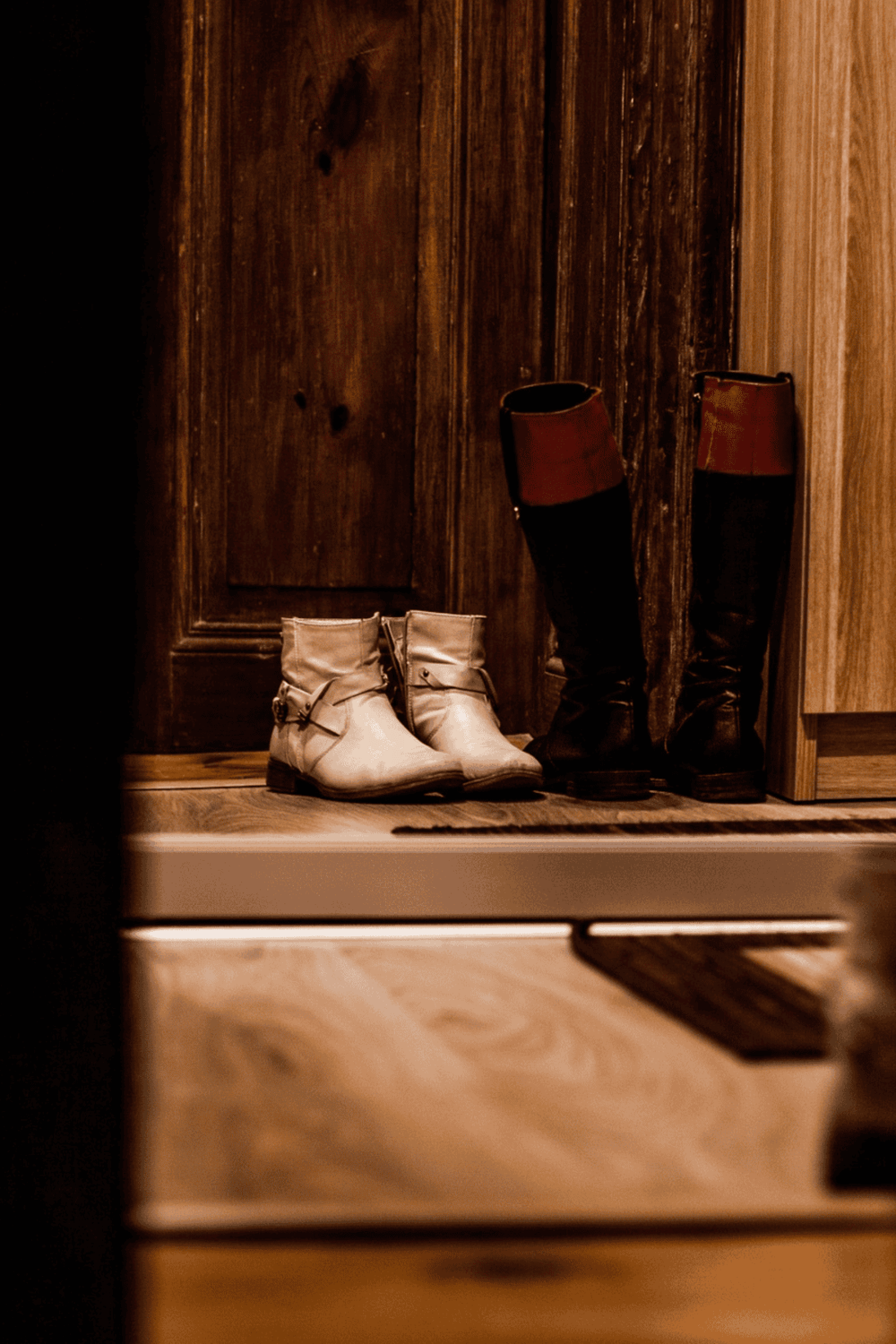 Leather boots and shoes by a wooden door, highlighting footwear storage solutions.