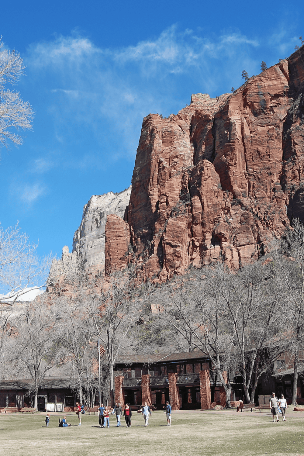 Stunning red rock cliffs in Zion National Park with visitors enjoying the scenic view.