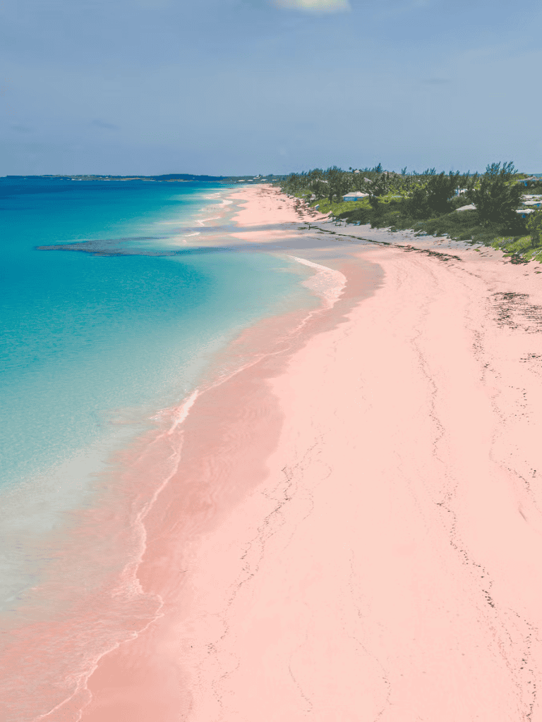 Soft pink beach with turquoise ocean and green shoreline, scenic coastal view for travel and vacation.