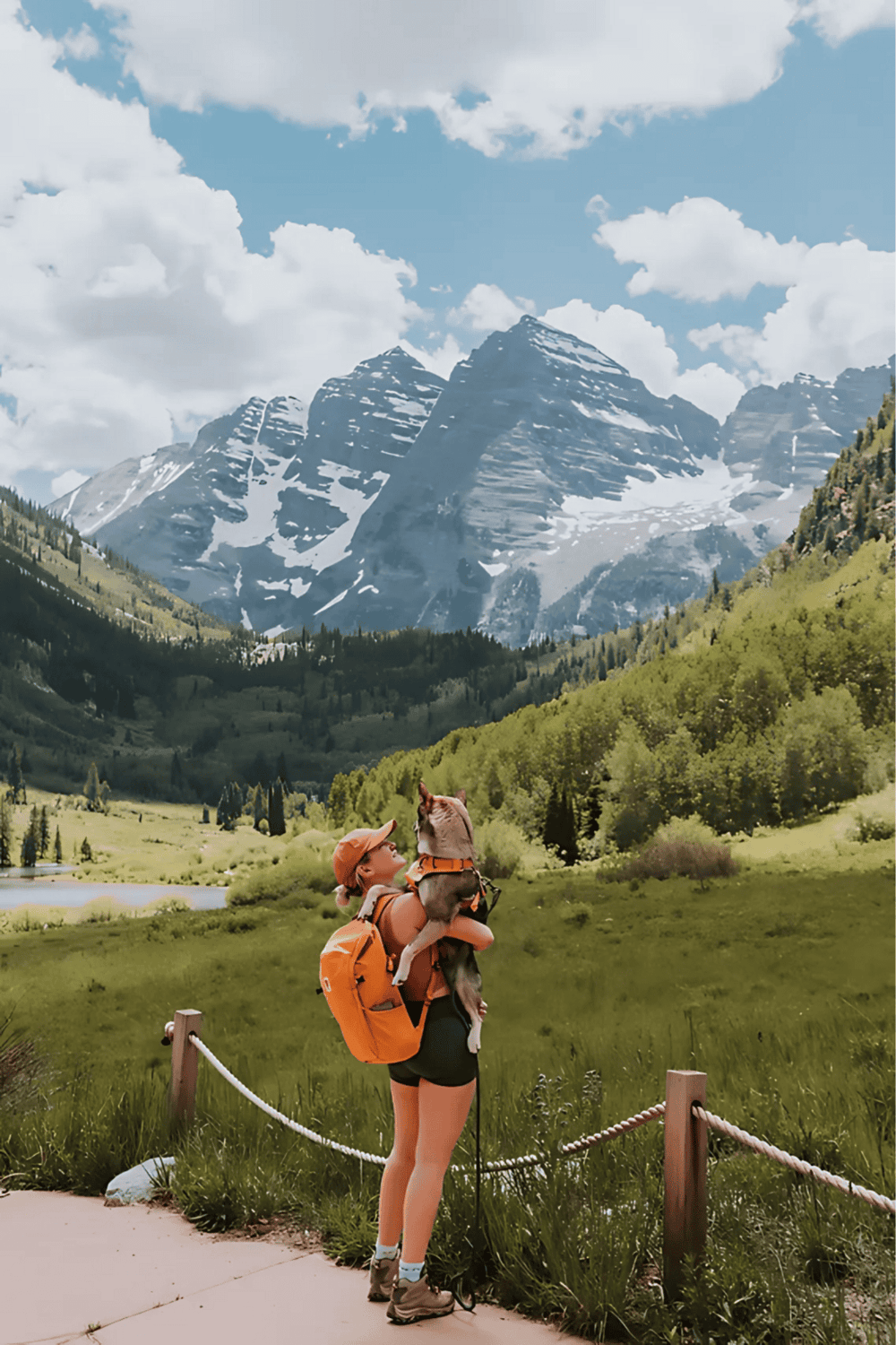 1. Woman hiking with dog in scenic mountain landscape, summer outdoor adventure.