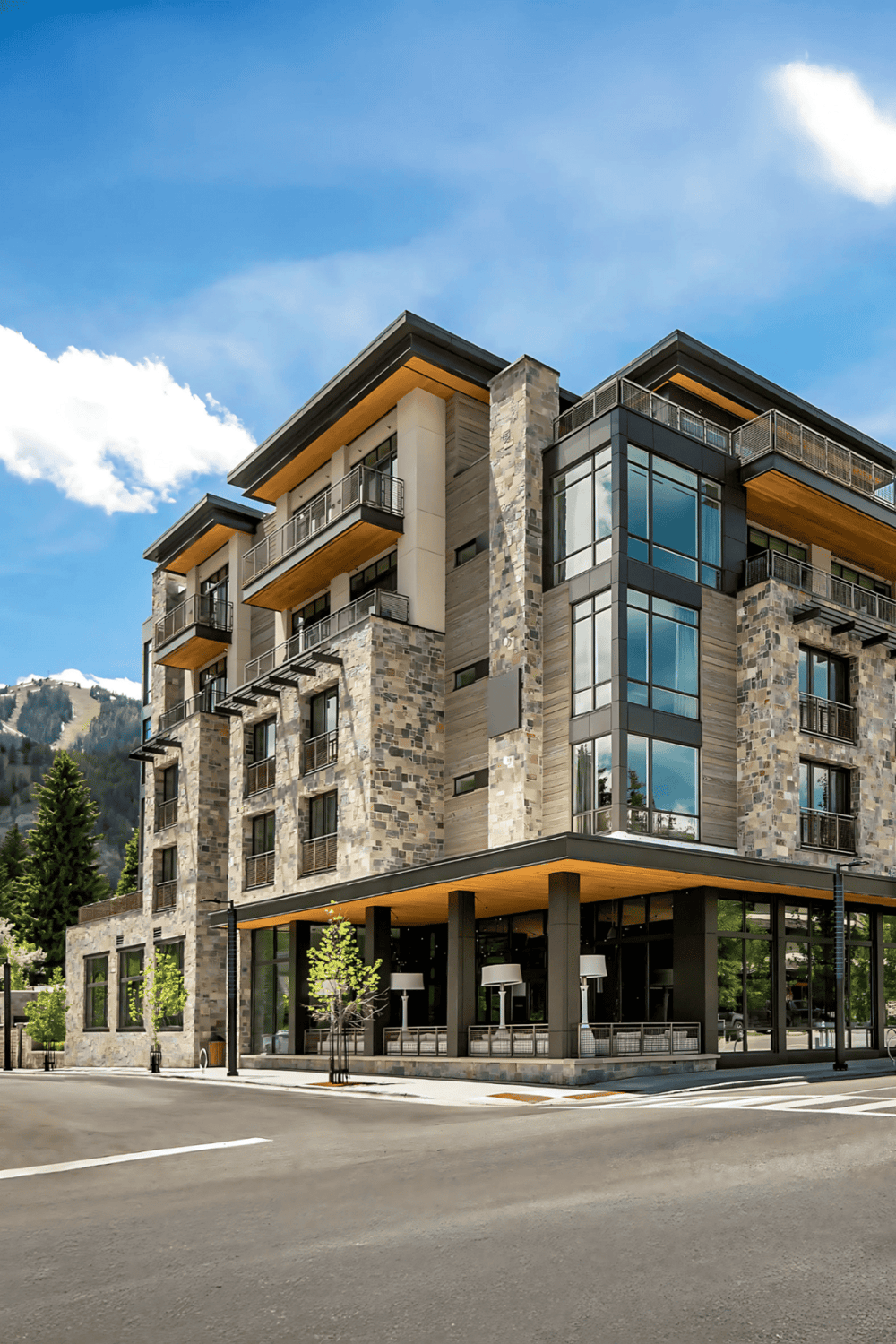 Contemporary mountain hotel with large windows, stone accents, and outdoor patios in a scenic alpine setting.