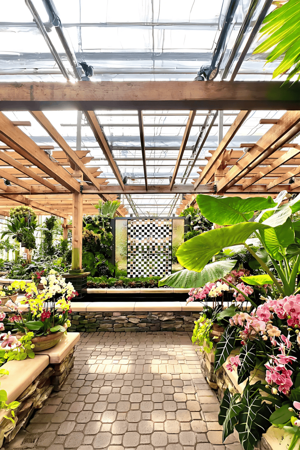 Lush green plants and colorful flowers inside a greenhouse with natural sunlight and wooden beams.