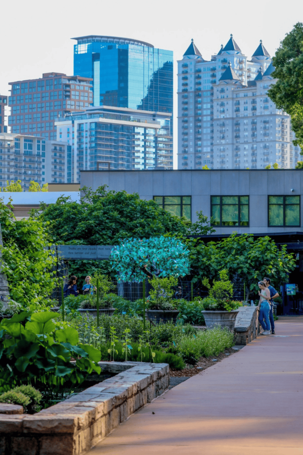 Modern cityscape with urban greenery, showcasing skyscrapers and a community garden for city living.