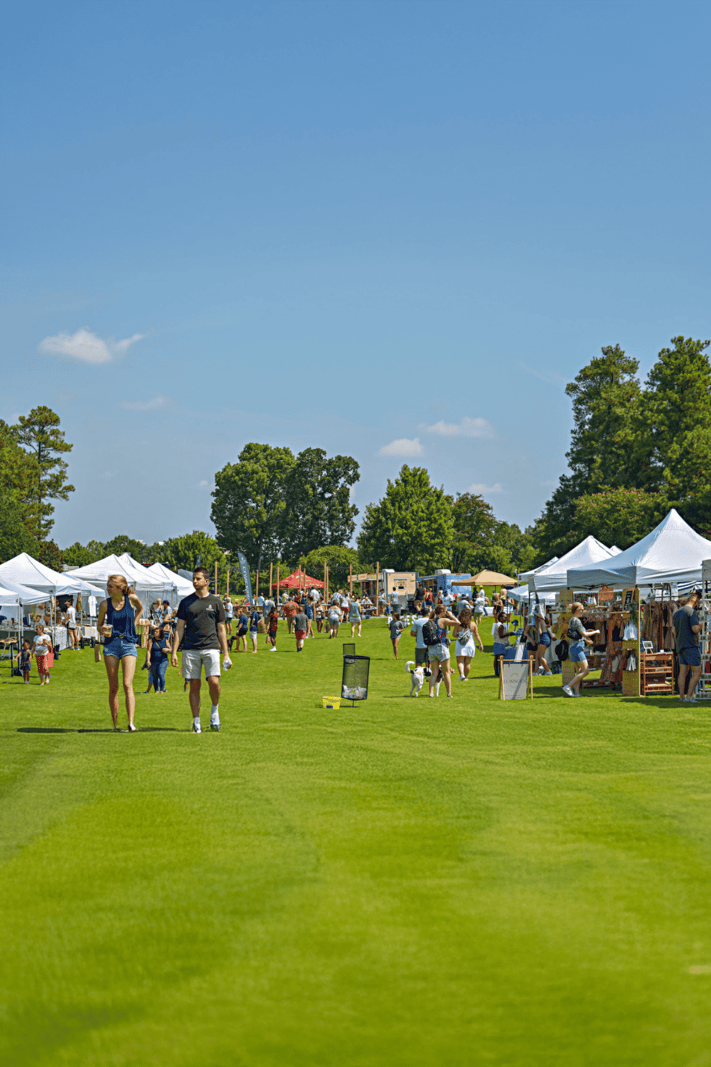 Colorful outdoor festival with white tents and visitors on a bright, sunny day.
