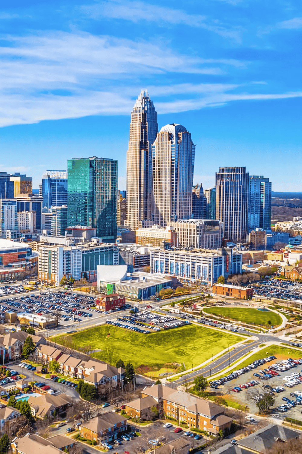Vibrant downtown Charlotte skyline featuring modern skyscrapers and urban parks, showcasing cityscape and real estate development.