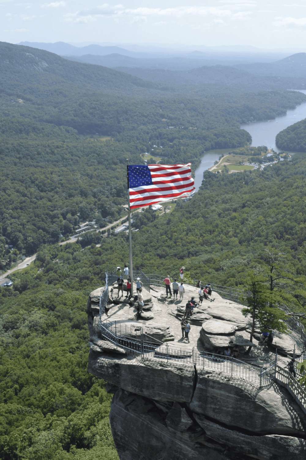 American flag at Clingmans Dome observation tower in Smoky Mountains.