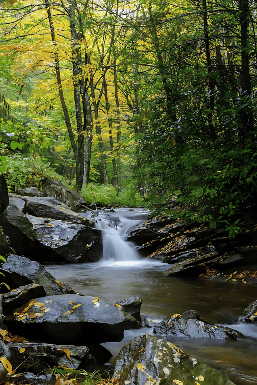 Tranquil forest stream surrounded by autumn foliage, perfect for nature exploration and outdoor adventures.