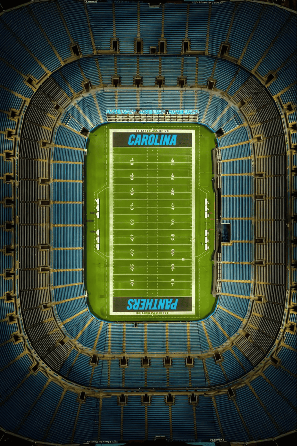 1. Collegiate football stadium seating with North and South end zones labeled Carolina and Panthers.
