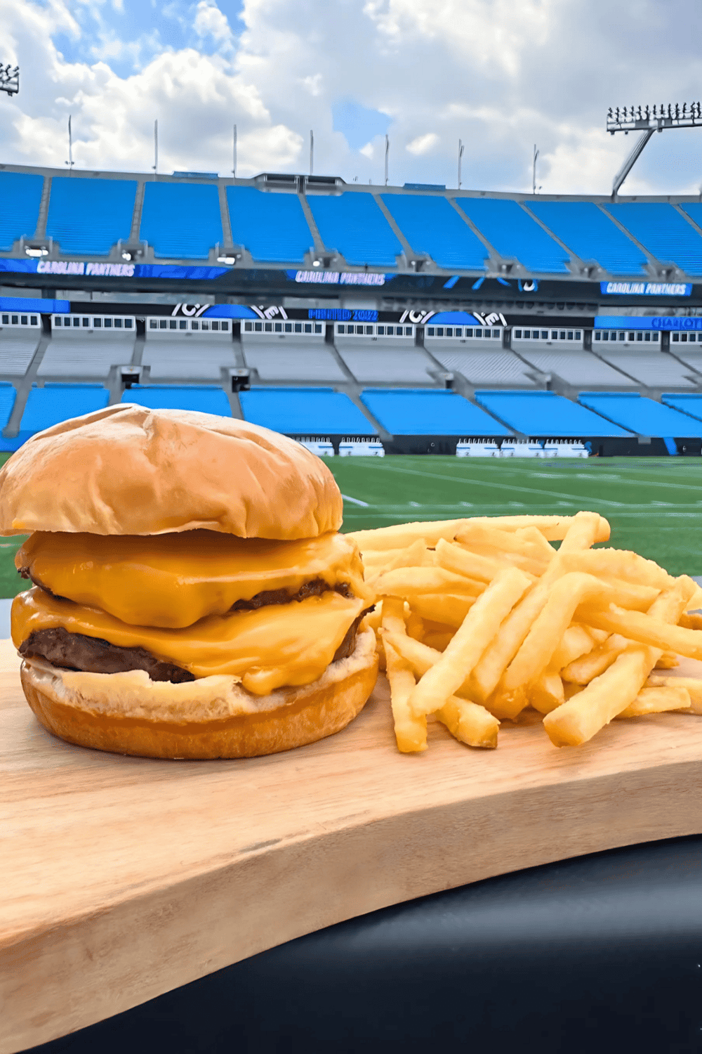 Cheeseburger with fries at stadium, sports, food, American cuisine.