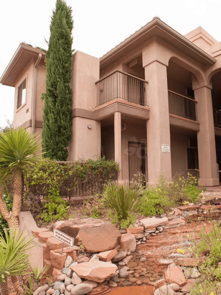 Cactus and desert plants outside of a modern multi-story apartment building.
