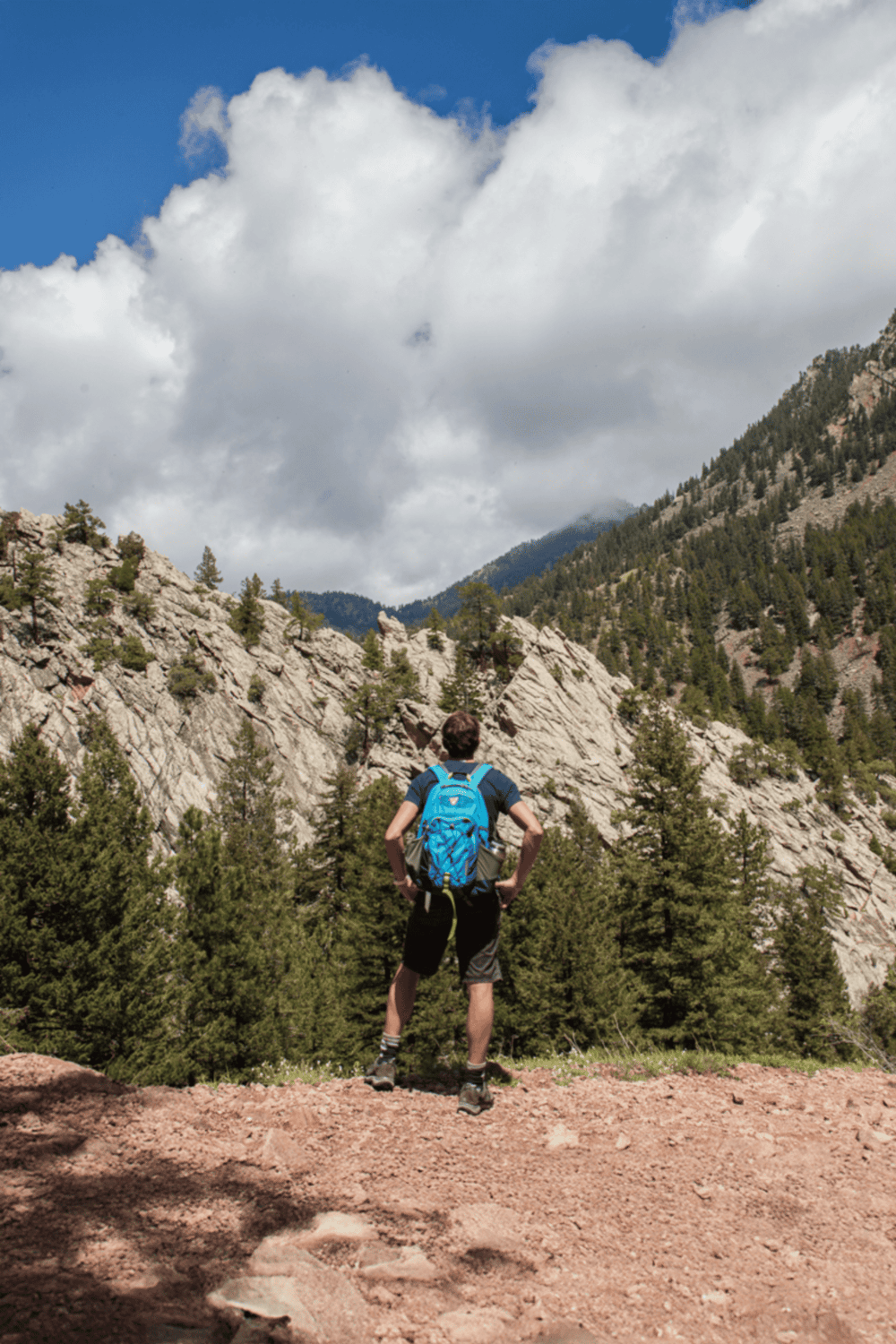 Hiking in mountains with a backpack, scenic forest, and blue sky.