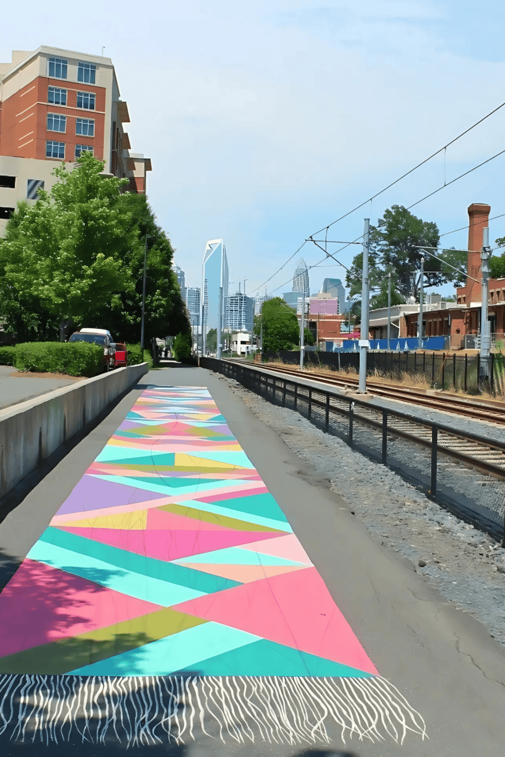 Colorful urban crosswalk in downtown with train tracks and city skyline, enhancing navigation and pedestrian safety.
