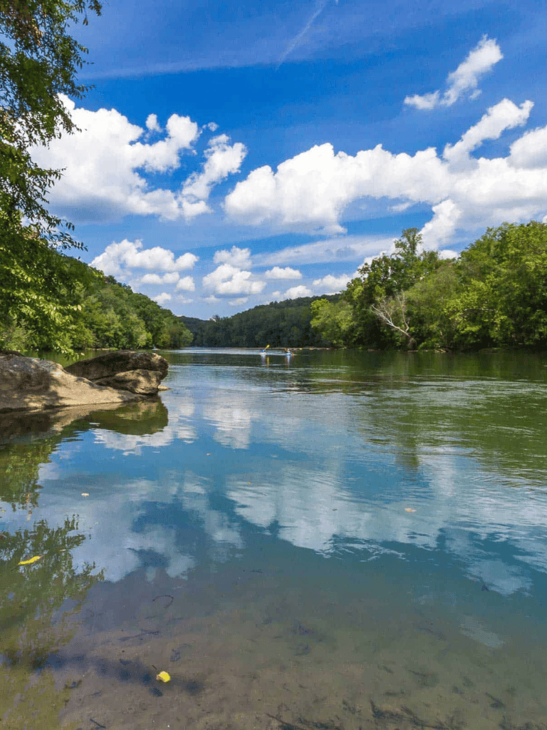 Tranquil river with lush green trees under a blue sky, perfect for outdoor exploration and nature adventures.