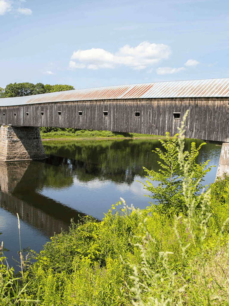 Covered wooden bridge over river with lush greenery and blue sky, designed for scenic travel and historical exploration.