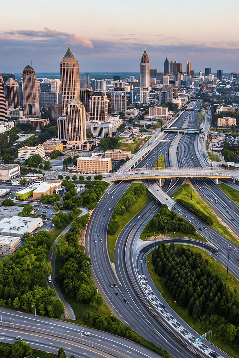 Intricate highway interchange in Atlanta, with downtown skyline and skyscrapers at sunset.