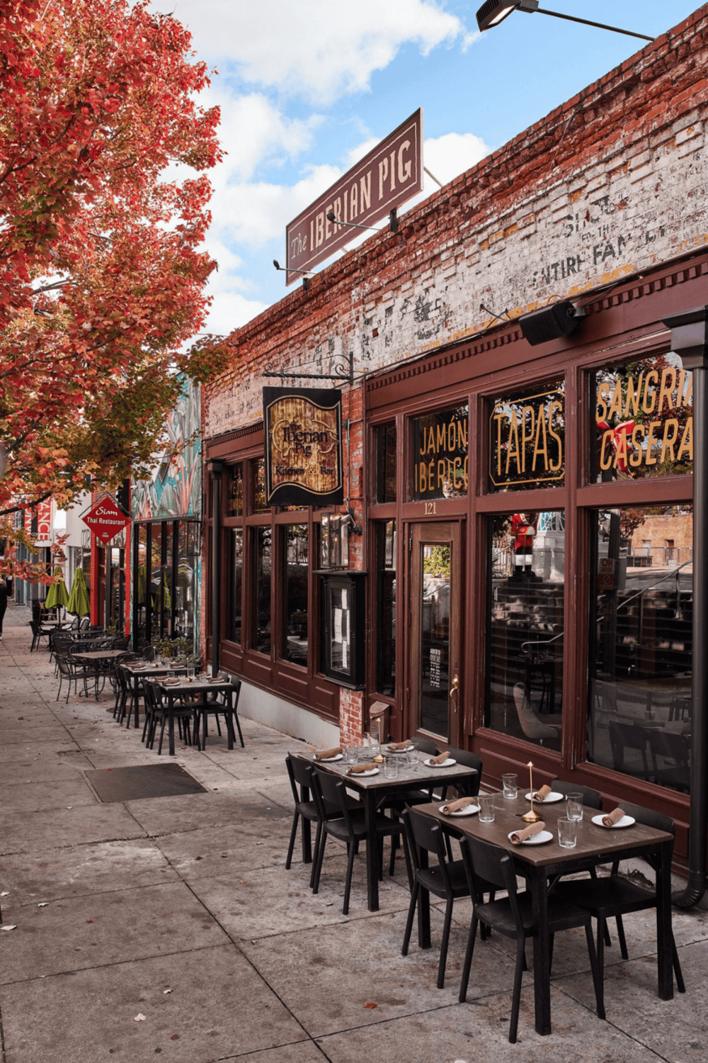 Outdoor dining restaurant with brick facade and fall foliage, located in Portland, Oregon.