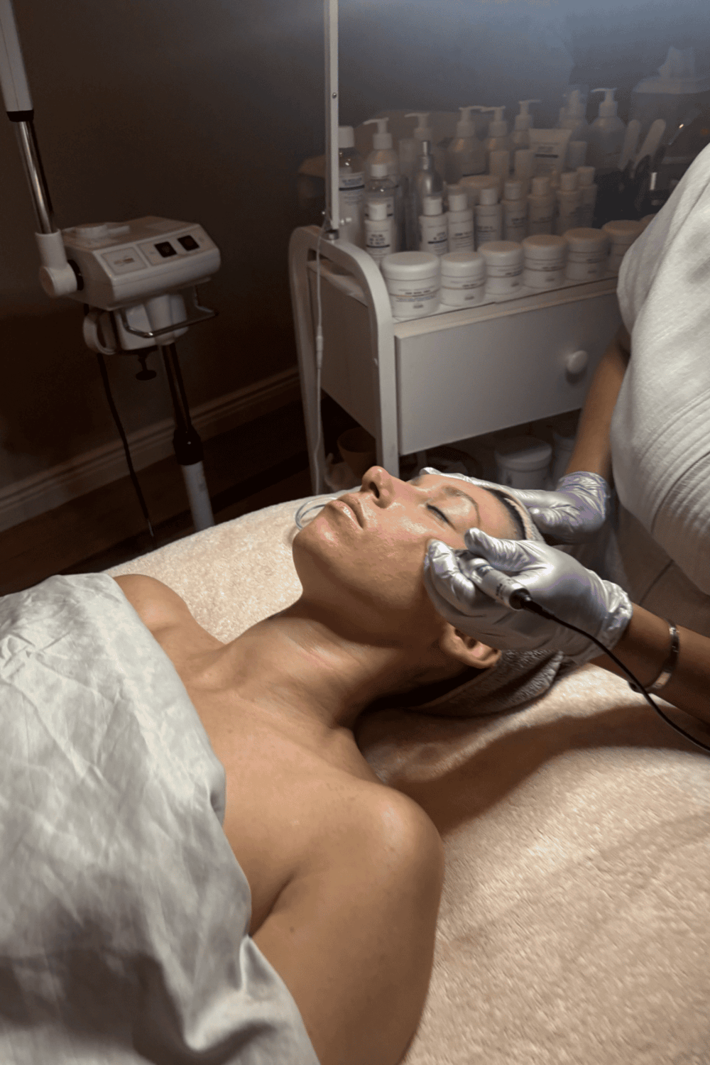 Clear skincare treatment using advanced equipment for professional facial cleansing and skin rejuvenation.