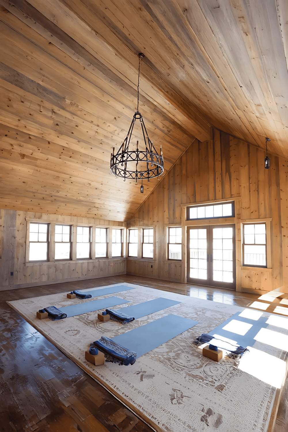 Wooden interior yoga studio with mats, blocks, and a chandelier.