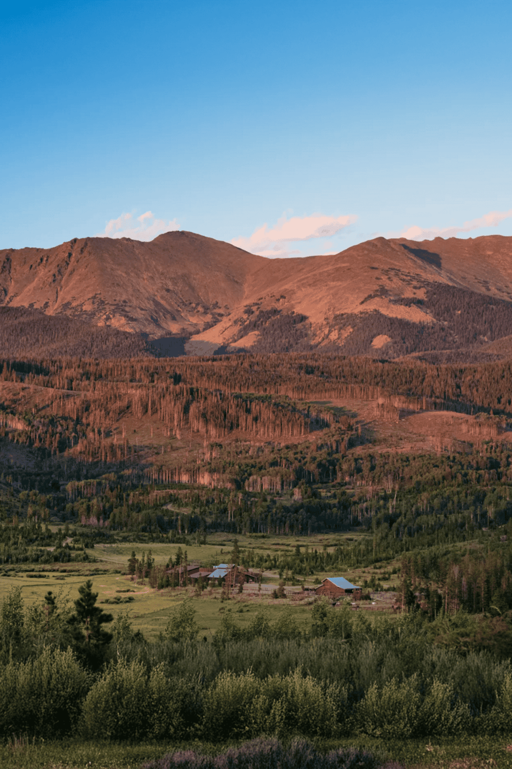 Vast mountain landscape with lush greenery and a clear sky, perfect for outdoor adventures.