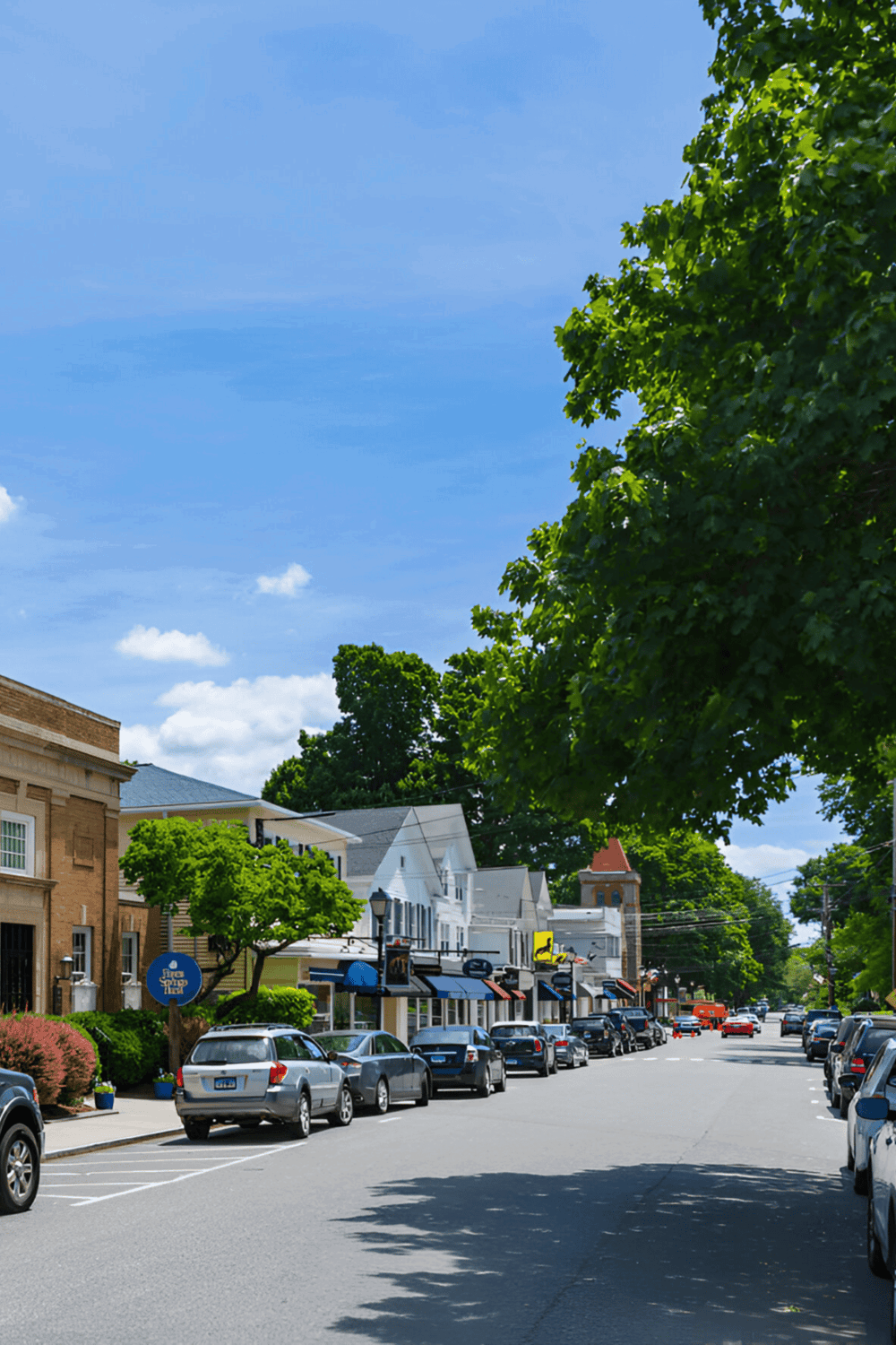 - Downtown small town street with shops, cars, and lush trees under a bright blue sky.