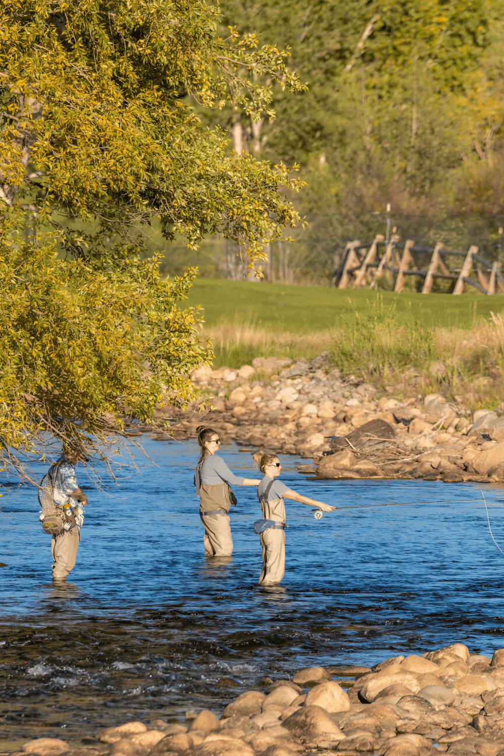 Peaceful river fishing scene with three anglers in waders surrounded by nature.