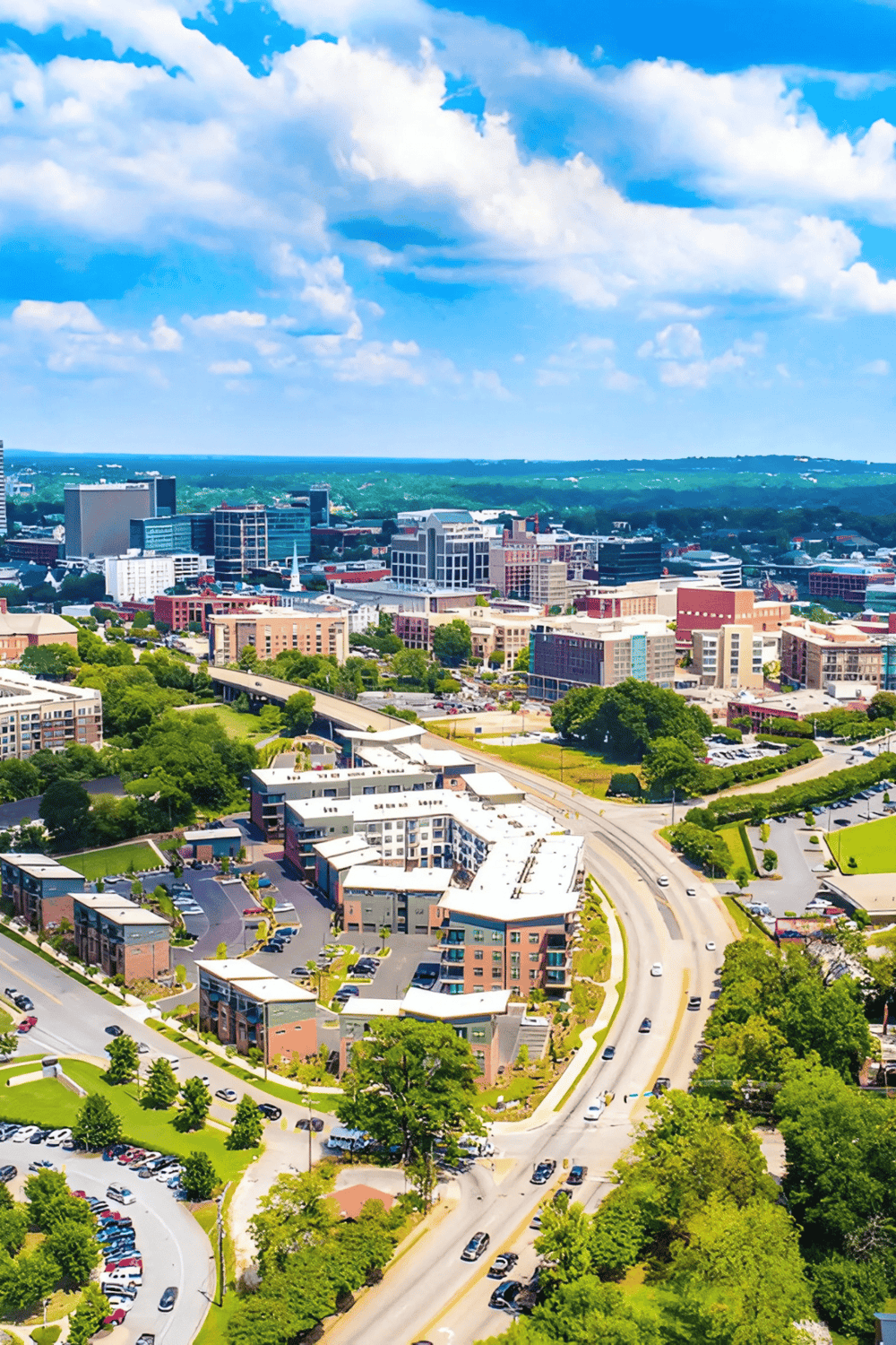 Cityscape view of downtown with modern buildings and green spaces, showcasing travel and exploration opportunities.