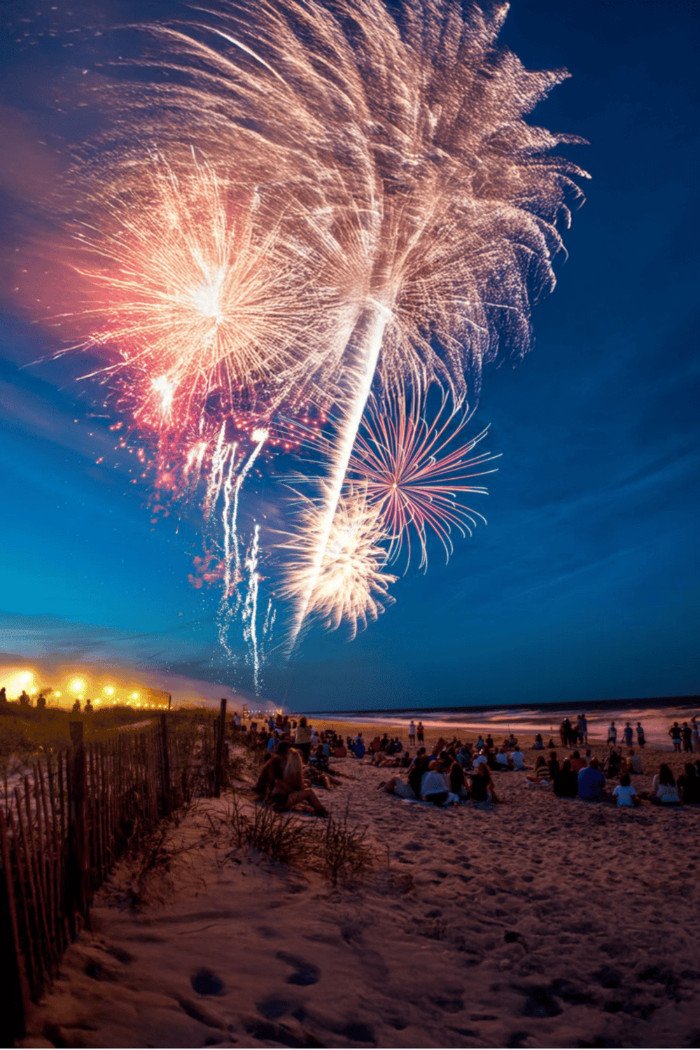 Bright fireworks display over a beach during night celebration, capturing festive atmosphere and vibrant colors.