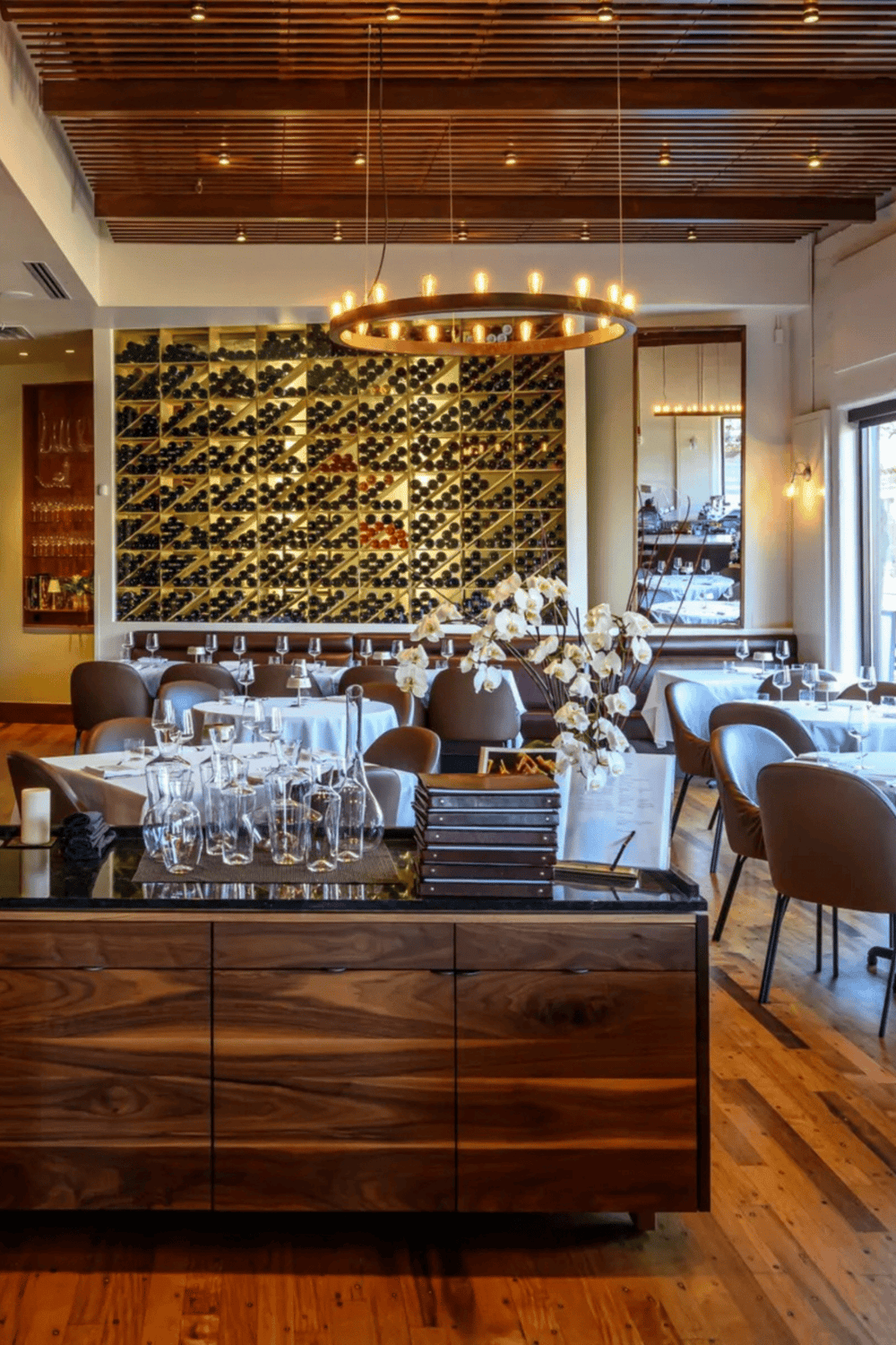Elegant wine cellar and fine dining restaurant interior at Quest for Directions.