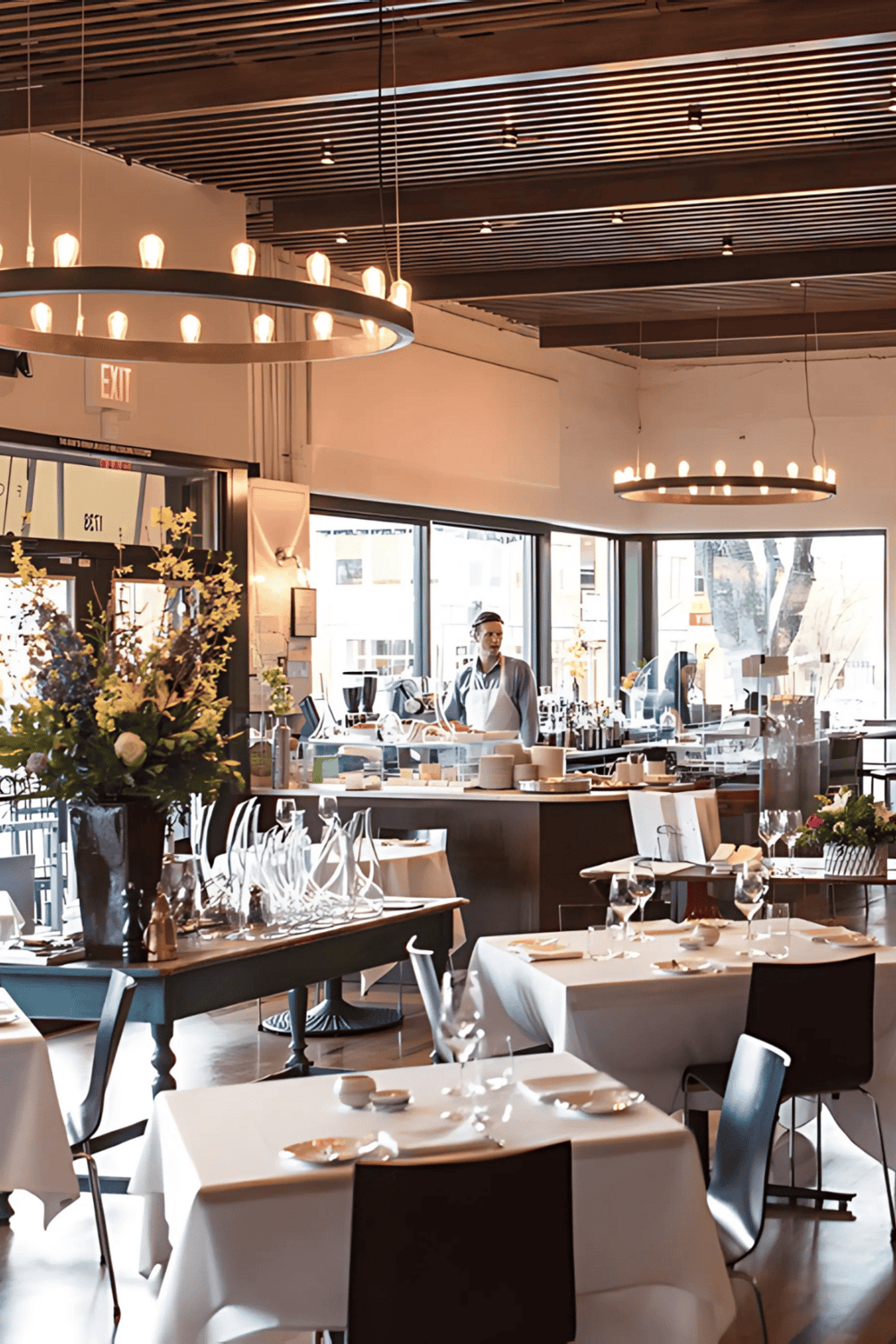 Elegant restaurant interior with modern lighting, floral arrangements, and a stylish dining setup, perfect for fine dining and events.