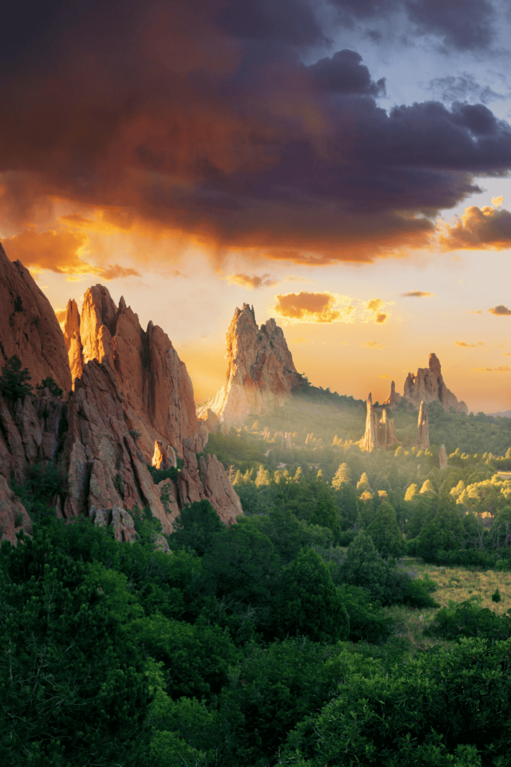 Majestic rock formations at sunrise in Colorado Springs, Colorado, showcasing natural beauty and outdoor adventures.