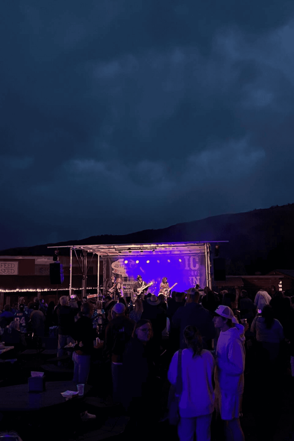 Outdoor live music concert at dusk with a band performing on stage and crowd enjoying the event.
